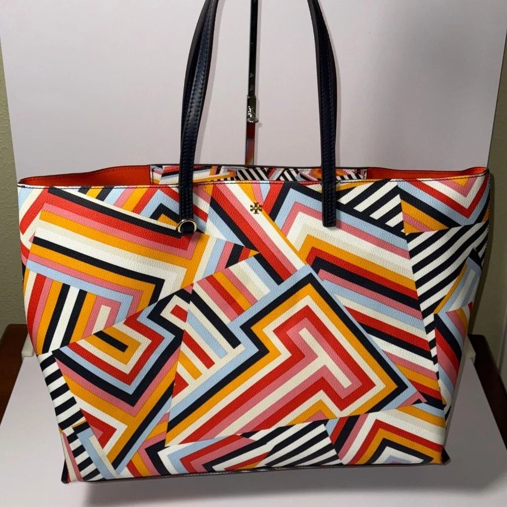 Tory Burch Kerrington Cut Out T Print Geometric Large Tote Bag Leather NEW